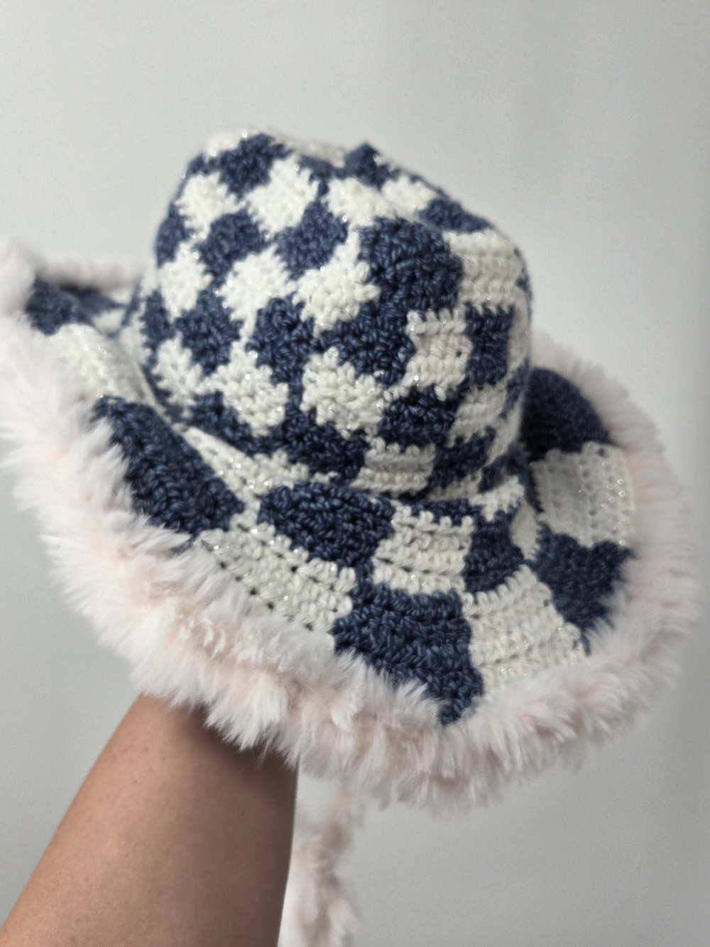 Fun Crochet Checkered Cowboy Hat with Faux Fur Trim - Blue & White
